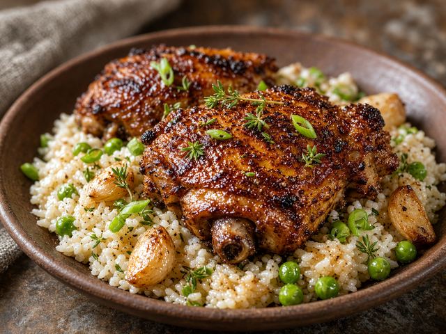 Smoky Pepper Chicken with Coconut Rice and Peas