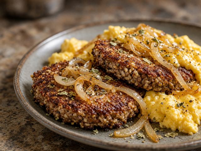 Crispy Pan-Fried Goetta with Eggs and Onions