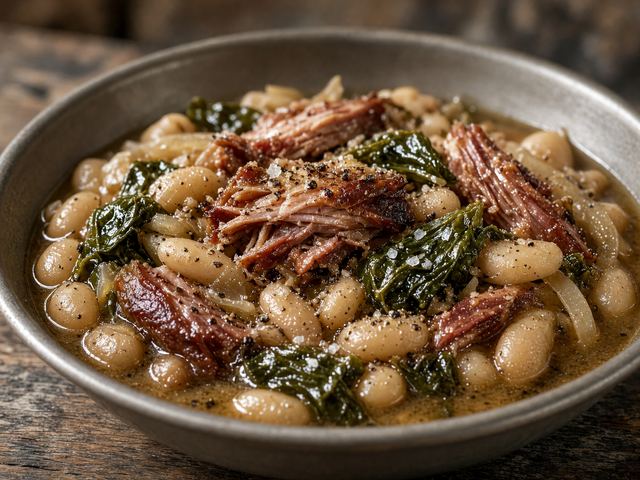 Slow Bean Pot with Smoked Pork and Mustard Greens