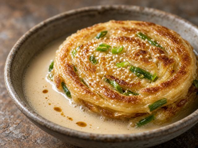 Scallion Sesame Pancakes with Warm Soy Milk