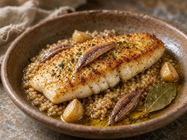 Seared White Fish with Anchovy-Garlic Pan Sauce and Farro