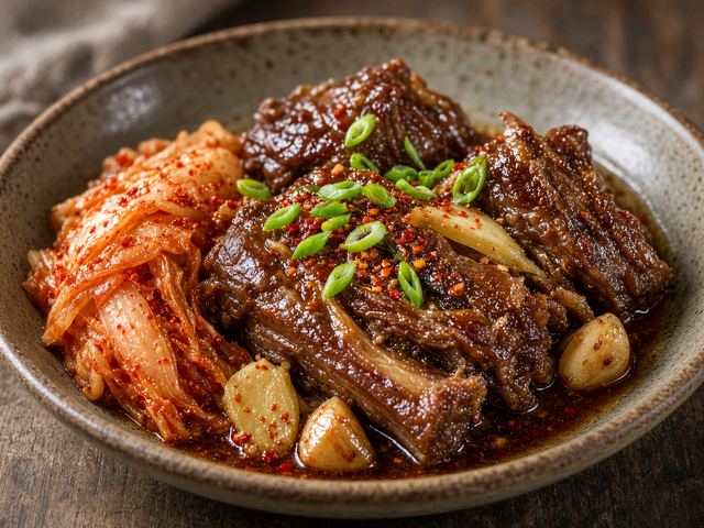Soy-Braised Short Ribs with Tangy Cabbage Kimchi