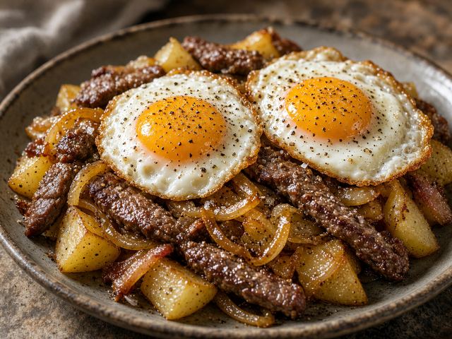 Peppered Potato-and-Onion Hash with Fried Eggs