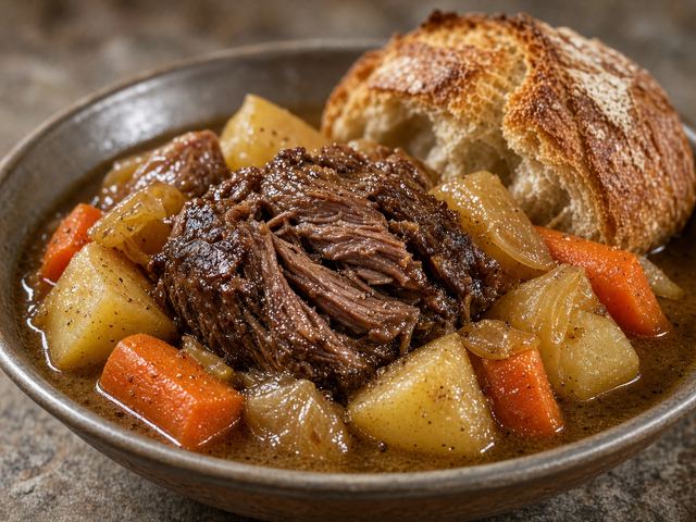Slow Braised Beef with Root Vegetables and Crusty Loaf