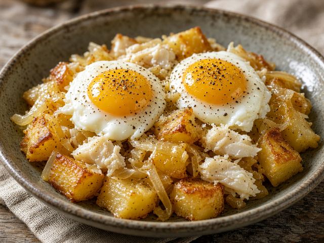 Salt-Cod and Potato Hash with Soft Eggs