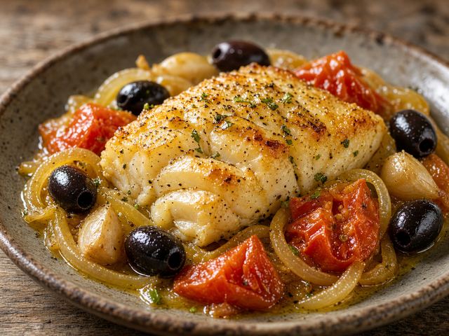 Oven-Baked Bacalhau-Style Cod with Tomatoes, Onions, and Olives