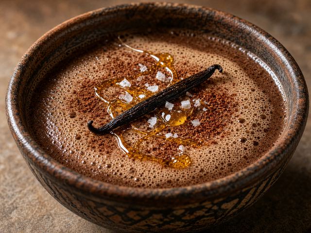 Bitter Hot Chocolate Frothed with Vanilla and a Honey Drizzle