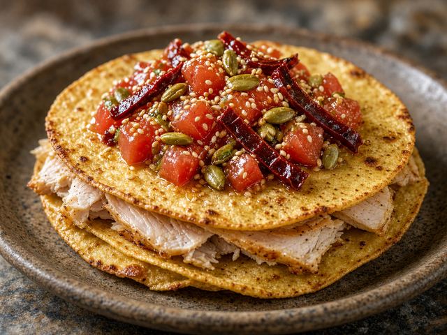 Corn Tortilla Stacks with Turkey, Tomato, and Seed Salsa