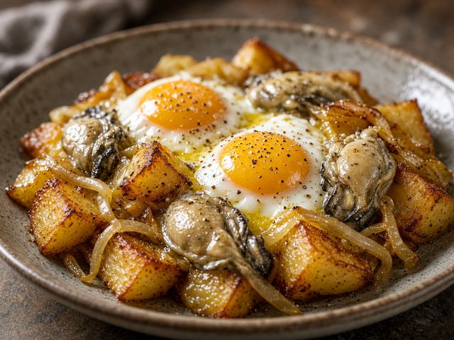 Peppery Oyster and Potato Hash with Soft Eggs