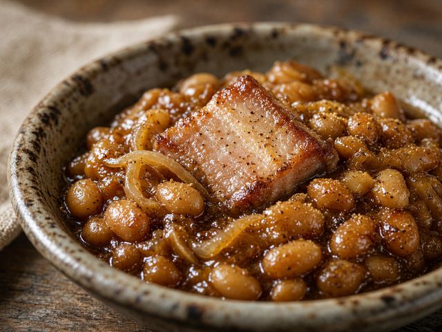 Slow Oven-Baked Navy Beans with Onion, Mustard, and Salt Pork