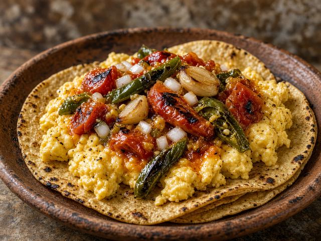 Warm Corn Tortillas with Scrambled Eggs and Roasted Tomato-Chile Salsa