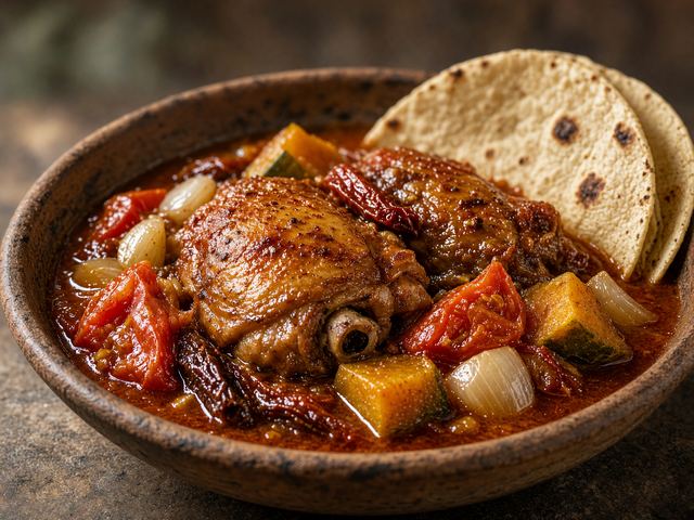 Ancho Chile Braised Chicken with Fresh Corn Tortillas and Squash