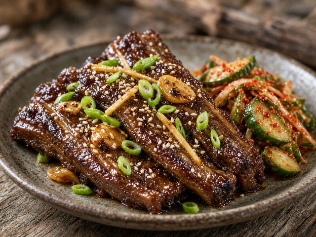 Soy-Sesame Short Ribs with Quick Cucumber Kimchi