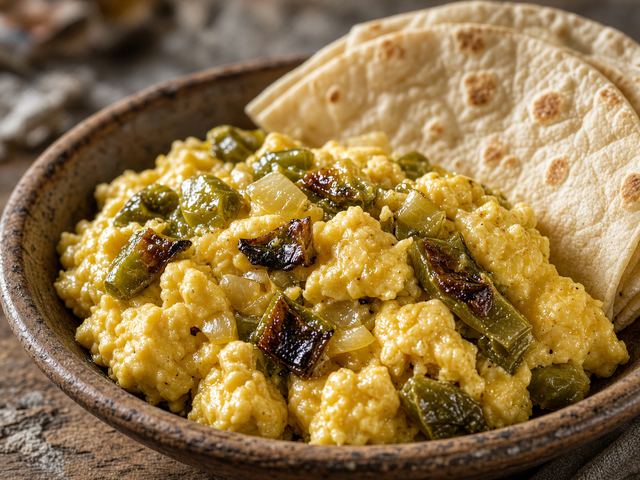 Eggs Scrambled with Roasted Green Chile and Warm Flour Tortillas