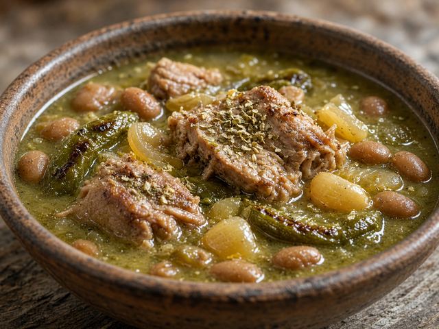 Bowl of Green Chile Pork Stew with Pinto Beans