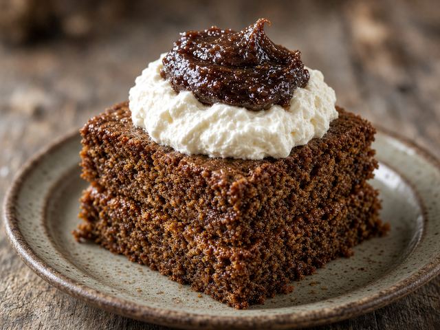Warm Gingerbread Squares Topped with Whipped Cream and Dark Apple Butter