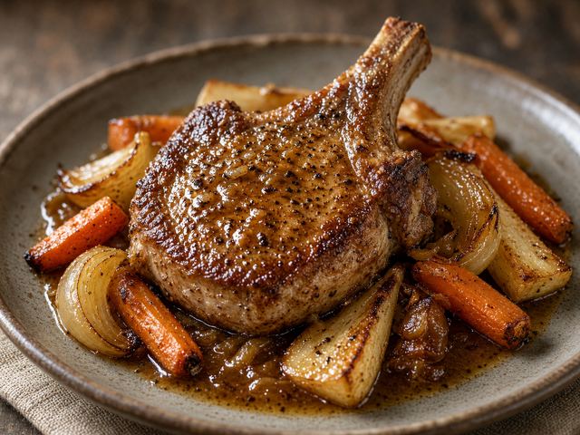 Skillet Pork Chops with Pan Apple-Butter Sauce and Roasted Root Vegetables
