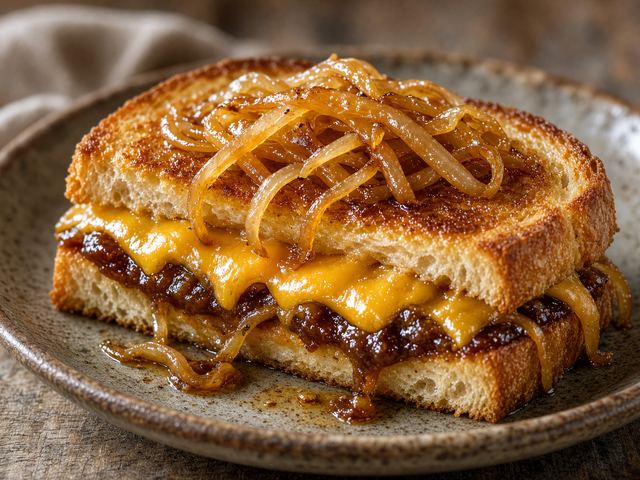 Sharp Cheddar and Apple-Butter Grilled Sandwich with Cider-Braised Onions