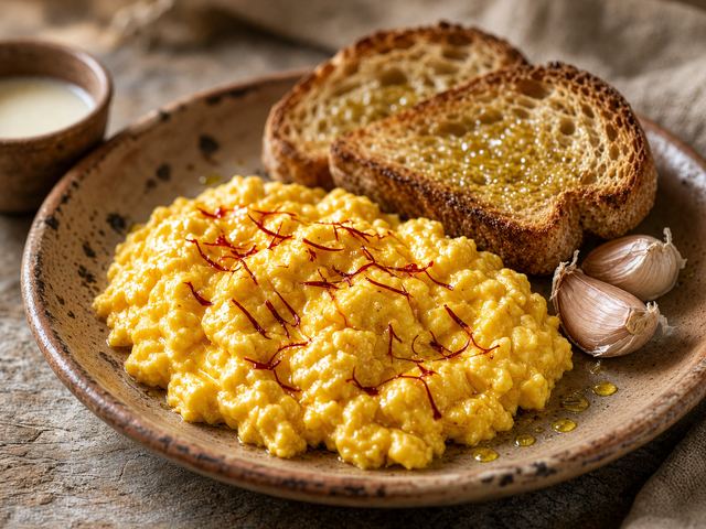 Saffron-Scrambled Eggs with Garlic Toasts
