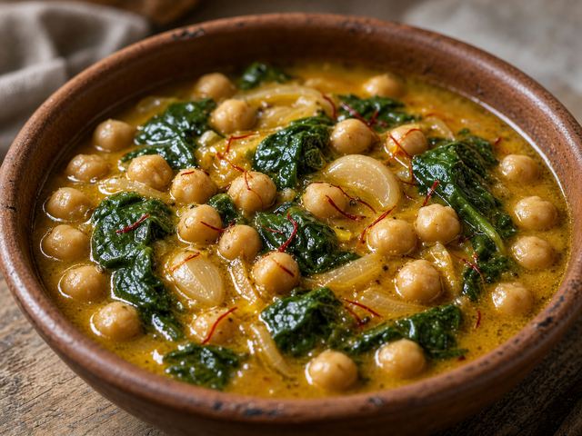 Chickpea and Spinach Pot Colored with Saffron
