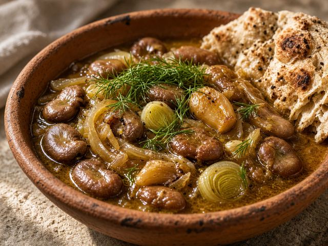 Garlic-Onion Fava Stew with Dill and Flatbread