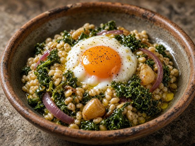 Barley Bowl with Greens, Olive Oil, and Soft Egg