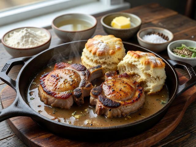 Cast-Iron Pork Chops with Pan Gravy & Biscuits
