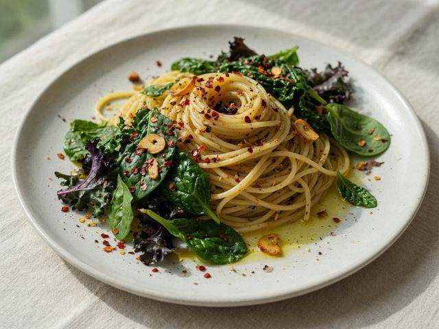 Garlic Oil Pasta with Whatever Greens