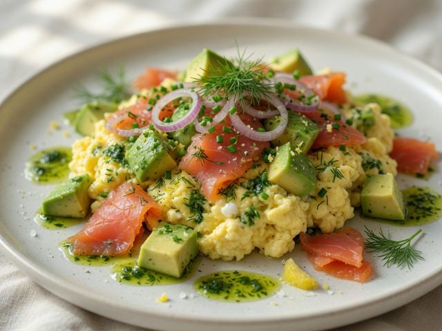 Smoked Salmon & Avocado Scramble with Herb Oil