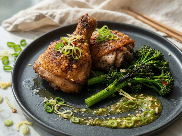 Crispy Five-Spice Chicken Thighs with Charred Broccolini & Ginger-Scallion Sauce