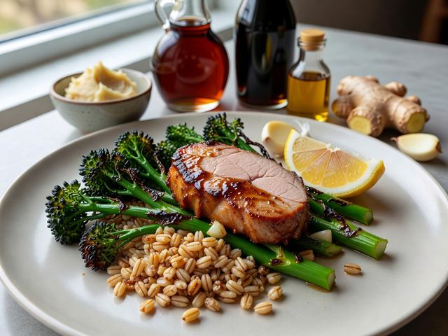 Miso-Maple Glazed Pork Tenderloin with Charred Broccolini & Toasted Farro