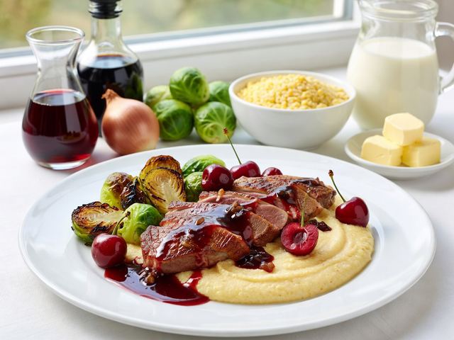 Seared Duck Breast with Cherry-Port Reduction, Roasted Brussels & Creamy Polenta