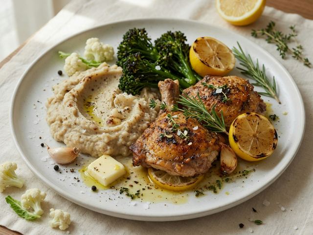 Seared Lemon-Herb Chicken Thighs with Brown-Butter Cauliflower Mash and Charred Broccolini