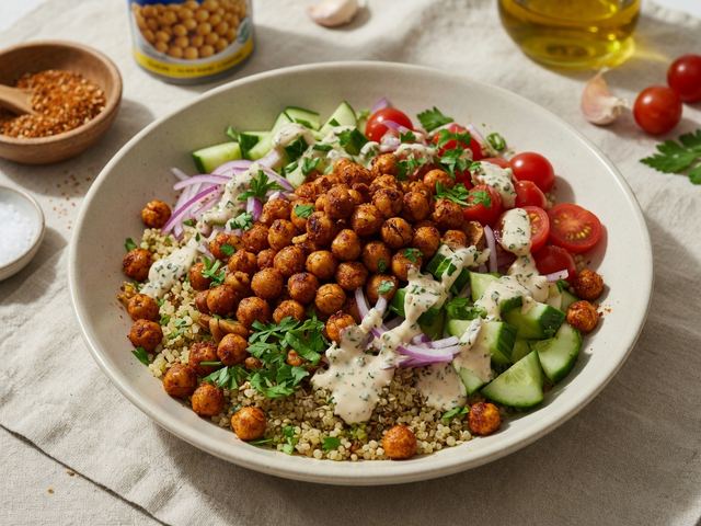 Crispy Chickpea Shawarma Bowls with Garlic Herb Tahini