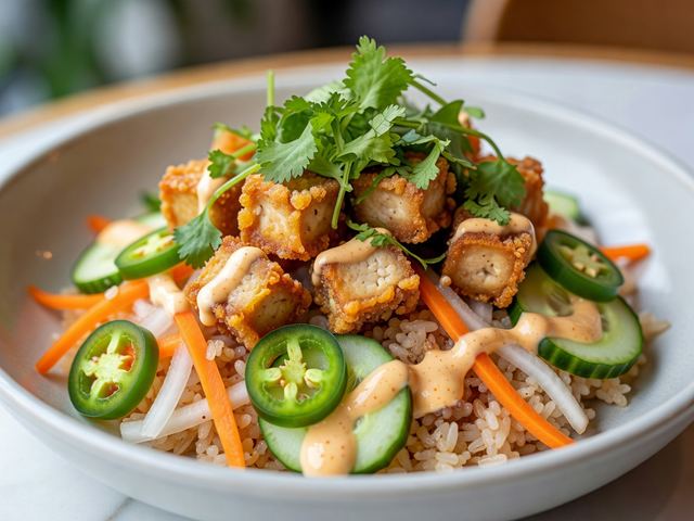 Crispy Tofu Bahn Mi Bowl with Pickled Vegetables & Sriracha Aioli