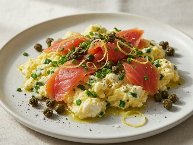 Smoked Salmon & Chive Ricotta Scramble with Crispy Capers