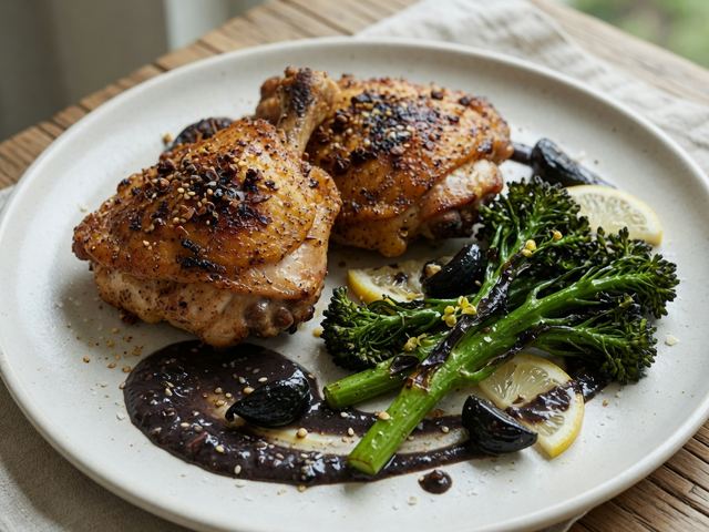 Crispy Five-Spice Chicken Thighs with Charred Broccolini & Black Garlic Tahini