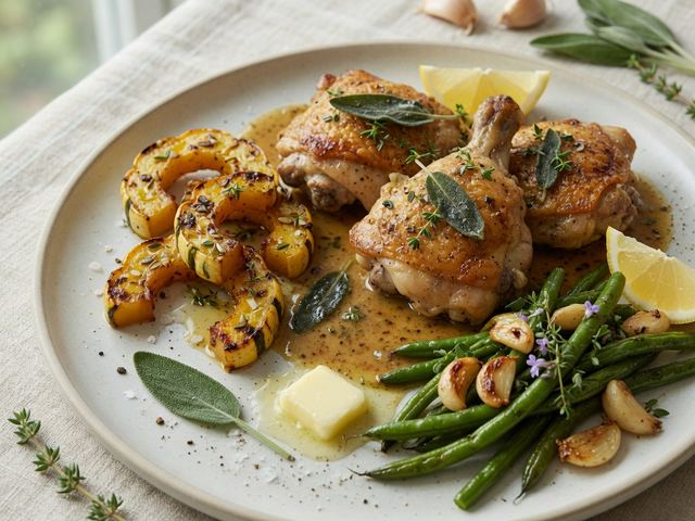 Pan-Seared Chicken Thighs with Brown Butter Sage Pan Sauce, Roasted Delicata Squash & Garlic Green Beans