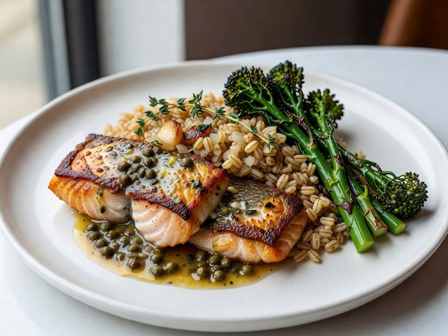 Pan-Seared Steelhead Trout with Brown-Butter Caper Sauce, Roasted Broccolini & Farro Pilaf