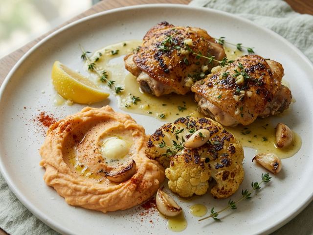 Seared Chicken Thighs with Preserved-Lemon Pan Sauce, Roasted Cauliflower & Garlic Whipped Sweet Potato