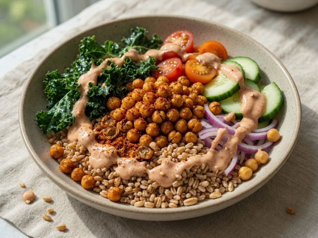 Crispy Chickpea & Farro Power Bowl with Tahini-Harissa Dressing