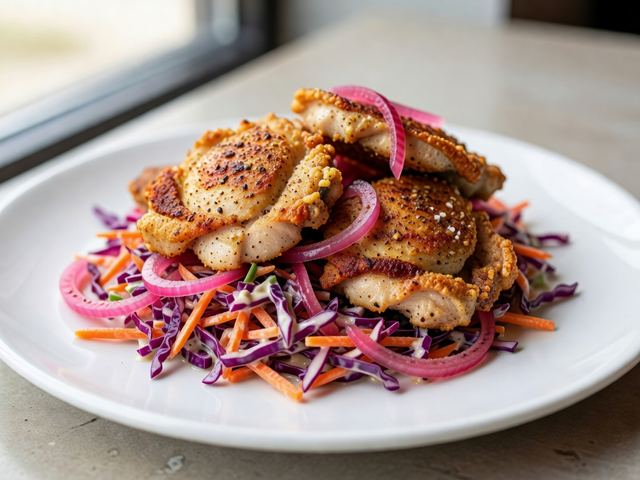 Crispy Cumin Chicken Thighs with Pickled Red Onion & Tahini Slaw