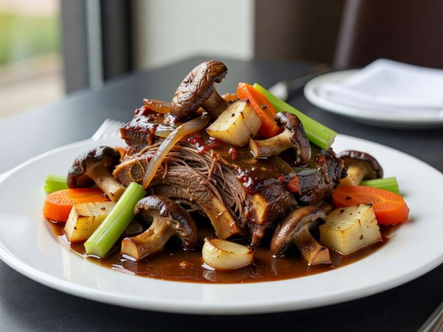Braised Short Ribs with Red Wine, Porcini & Root Vegetables