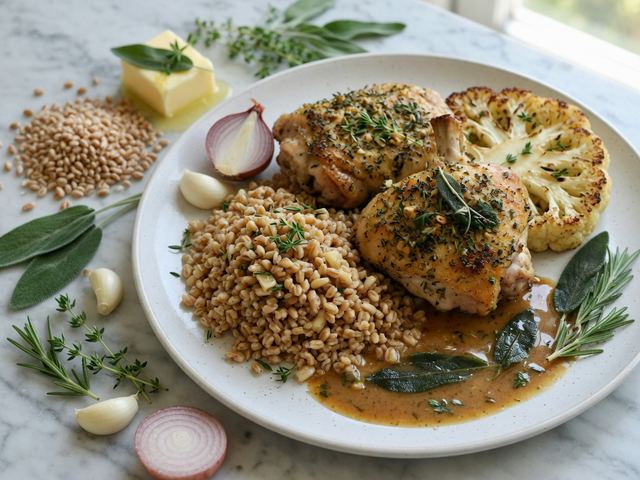 Herb-Crusted Chicken Thighs with Roasted Cauliflower Steaks, Brown Butter Sage Sauce & Farro Pilaf
