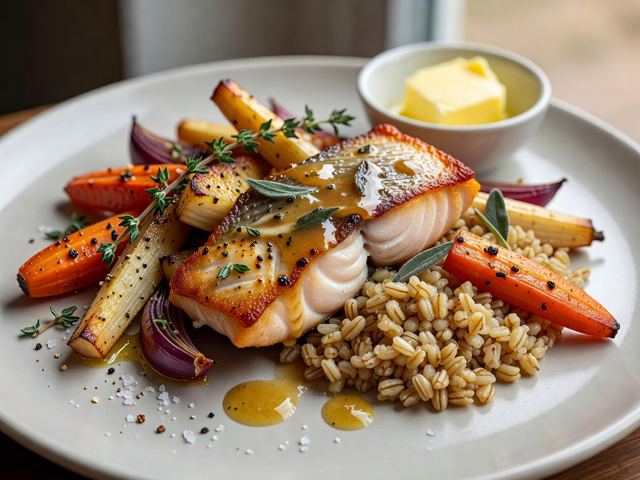 Pan-Seared Trout with Brown Butter Sage Sauce, Roasted Root Vegetables & Farro