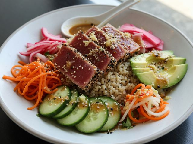 Seared Ahi Tuna Bowl with Sesame-Ginger Vinaigrette & Pickled Vegetables