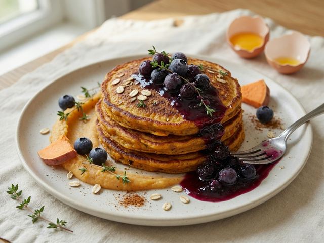 Cardamom-Spiced Sweet Potato Pancakes with Blueberry-Thyme Compote