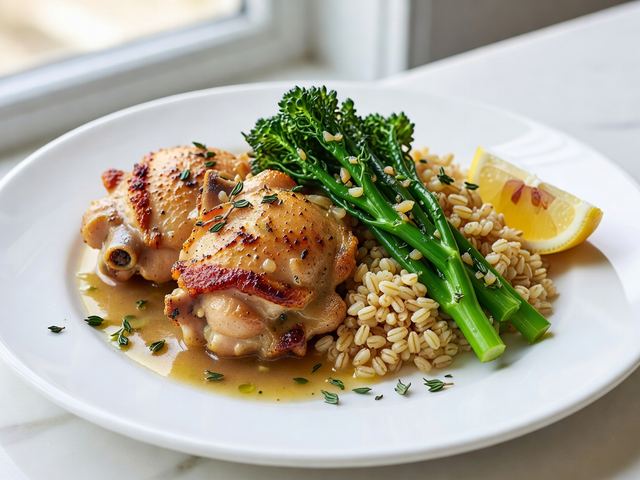 Crispy Chicken Thighs with Pan Sauce, Garlic Broccolini & Farro Pilaf