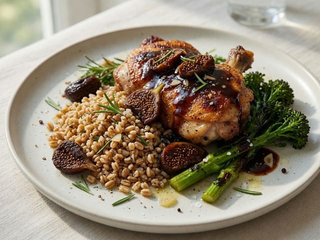 Pan-Seared Chicken Thighs with Balsamic Fig Reduction, Charred Broccolini & Farro Pilaf