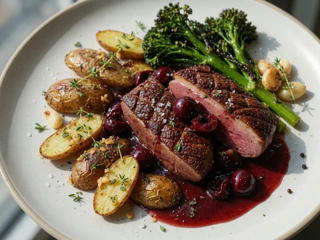 Seared Duck Breast with Cherry-Port Pan Sauce, Crispy Fingerlings & Roasted Broccolini